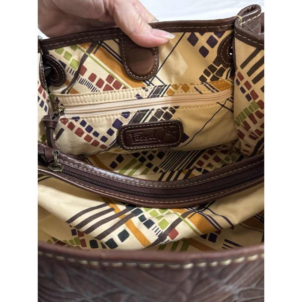 Fossil Brown Leather Embossed Palm Leaf Shoulder Handbag Purse Rustic Boho Chic - Picture 6 of 12
